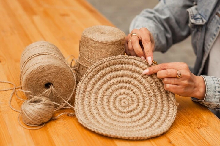 strikkeprodukt av jute hobbyer håndarbeid laget av naturlige materialer
